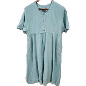 California Drawstrings Medium Maxi Dress Cotton Teal Blue Lagenlook USA Womens